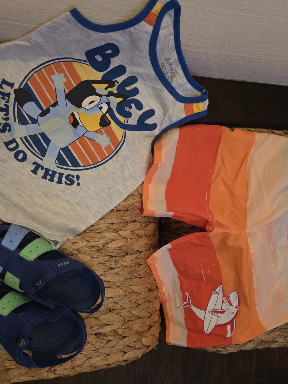 Bluey 'Let's Do This! Kids Tank Top, Orange Striped Trunks & Swim Shoes